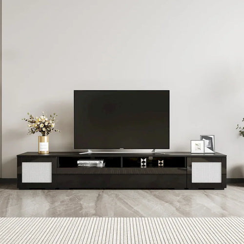 Meuble TV noir 82,6 po avec portes à ouverture par poussée et lumières DEL pour téléviseurs de 90 po
