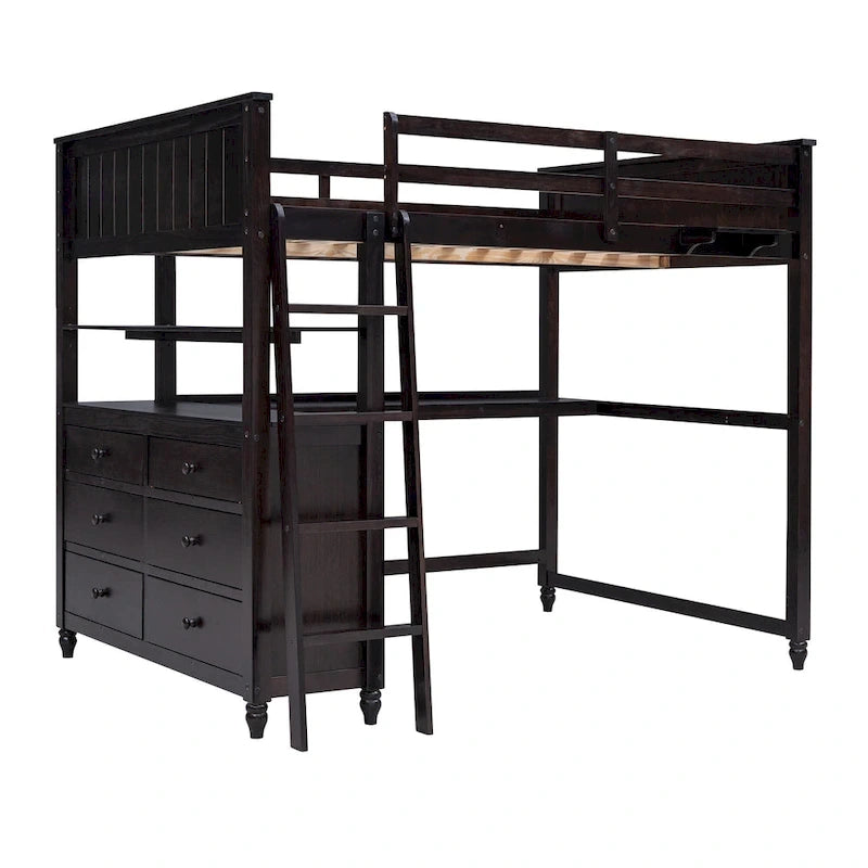Lit mezzanine double avec tiroirs et bureau, Lit mezzanine en bois avec étagères