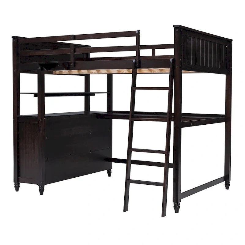 Lit mezzanine double avec tiroirs et bureau, Lit mezzanine en bois avec étagères