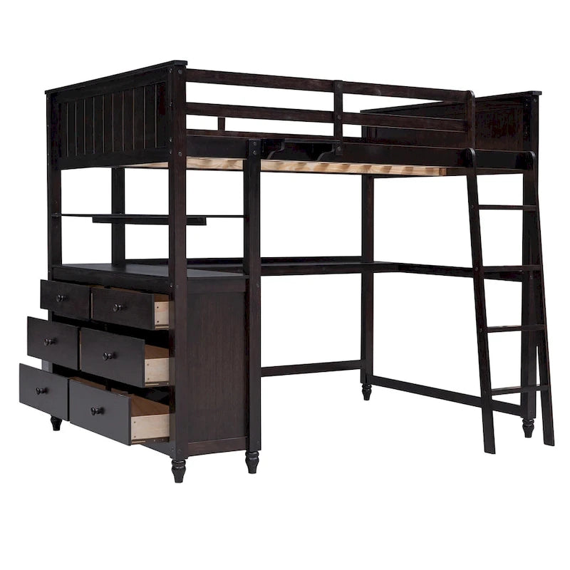 Lit mezzanine double avec tiroirs et bureau, Lit mezzanine en bois avec étagères