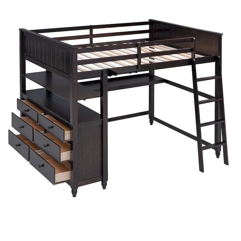 Lit mezzanine double avec tiroirs et bureau, Lit mezzanine en bois avec étagères