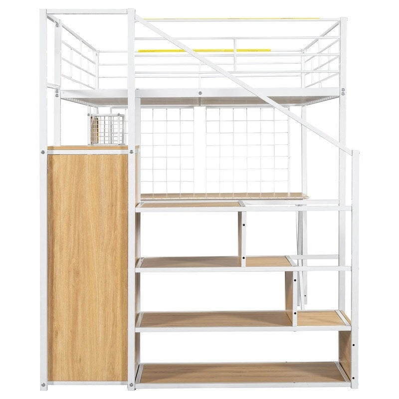Lit mezzanine avec bureau intégré, armoire et escalier de rangement ; cadre de lit mezzanine en métal avec lumières LED et design en maille métallique.
