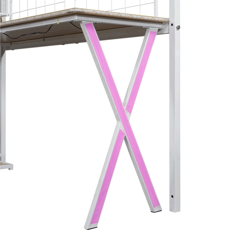 Lit mezzanine avec bureau intégré, armoire et escalier de rangement ; cadre de lit mezzanine en métal avec lumières LED et design en maille métallique.