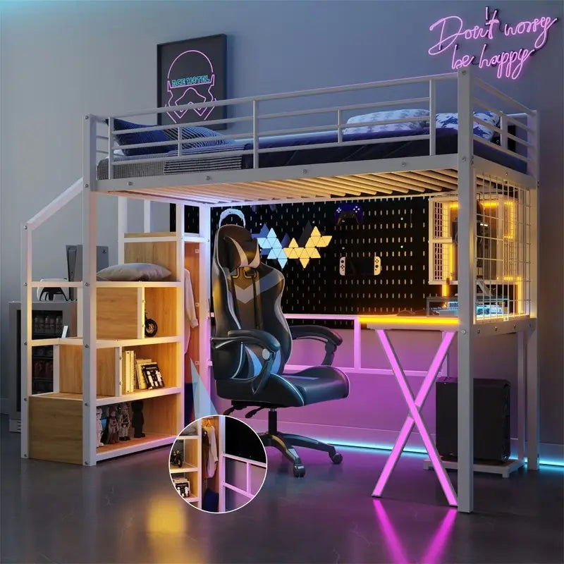 Lit mezzanine avec bureau intégré, armoire et escalier de rangement ; cadre de lit mezzanine en métal avec lumières LED et design en maille métallique.