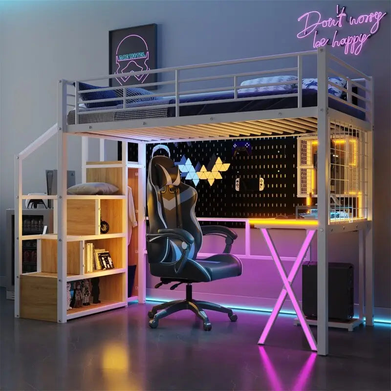 Lit mezzanine avec bureau intégré, armoire et escalier de rangement ; cadre de lit mezzanine en métal avec lumières LED et design en maille métallique.