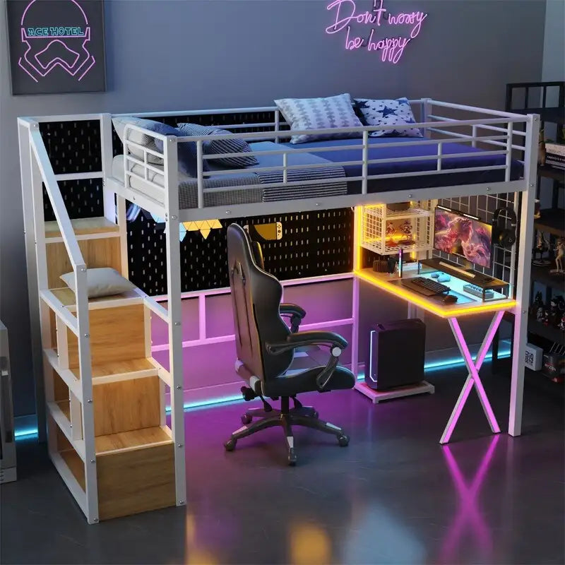 Lit mezzanine avec bureau intégré, armoire et escalier de rangement ; cadre de lit mezzanine en métal avec lumières LED et design en maille métallique.