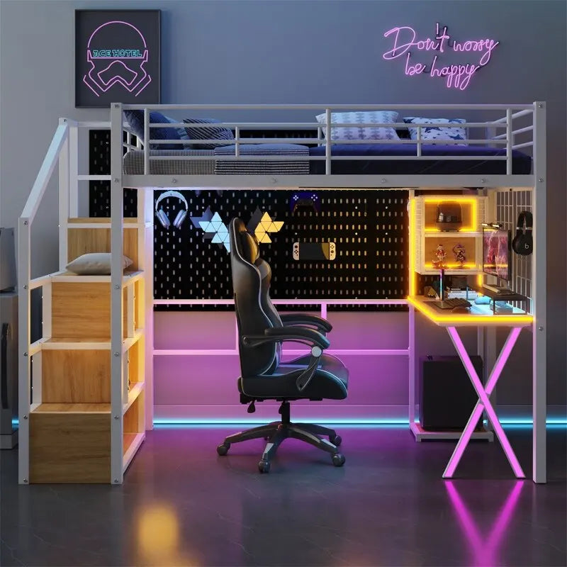 Lit mezzanine avec bureau intégré, armoire et escalier de rangement ; cadre de lit mezzanine en métal avec lumières LED et design en maille métallique.