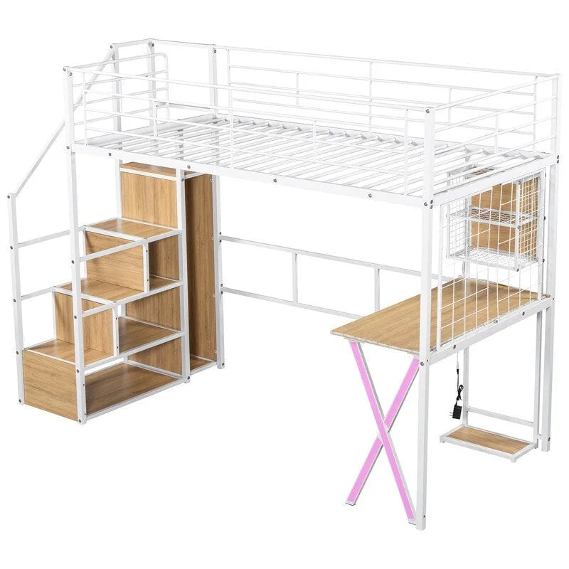 Lit mezzanine avec bureau intégré, armoire et escalier de rangement ; cadre de lit mezzanine en métal avec lumières LED et design en maille métallique.
