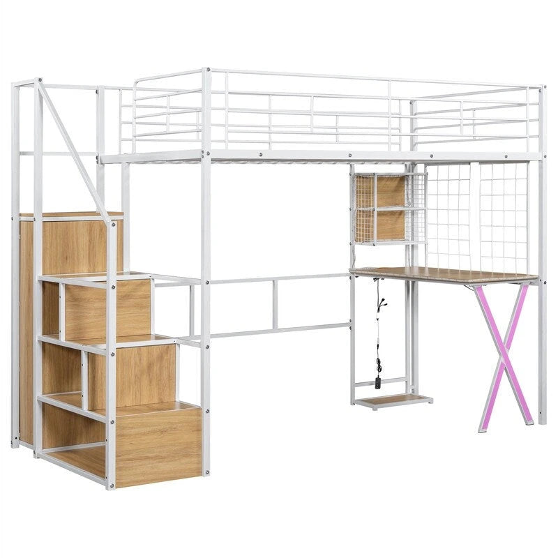 Lit mezzanine avec bureau intégré, armoire et escalier de rangement ; cadre de lit mezzanine en métal avec lumières LED et design en maille métallique.