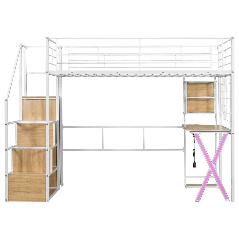 Lit mezzanine avec bureau intégré, armoire et escalier de rangement ; cadre de lit mezzanine en métal avec lumières LED et design en maille métallique.