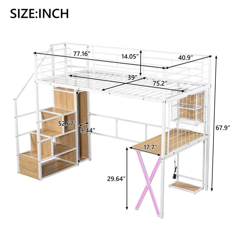 Lit mezzanine avec bureau intégré, armoire et escalier de rangement ; cadre de lit mezzanine en métal avec lumières LED et design en maille métallique.