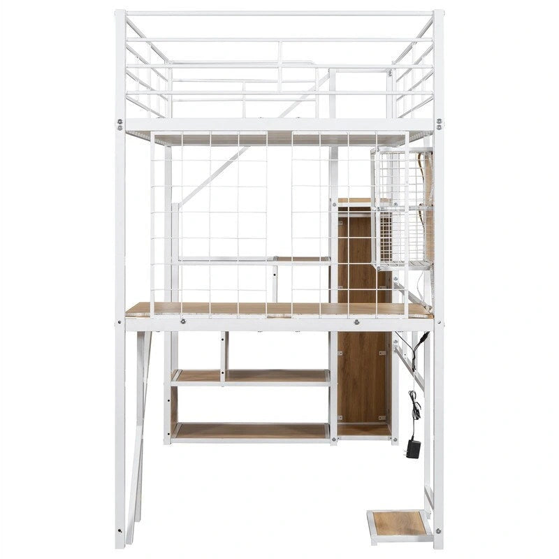 Lit mezzanine avec bureau intégré, armoire et escalier de rangement ; cadre de lit mezzanine en métal avec lumières LED et design en maille métallique.