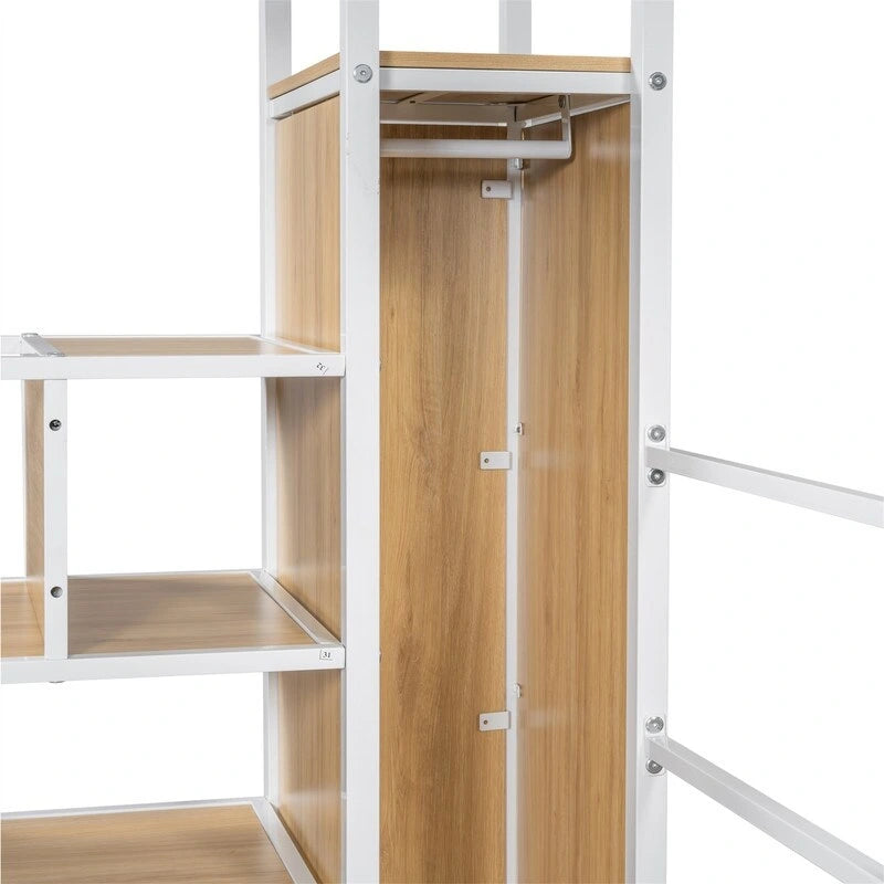 Lit mezzanine avec bureau intégré, armoire et escalier de rangement ; cadre de lit mezzanine en métal avec lumières LED et design en maille métallique.