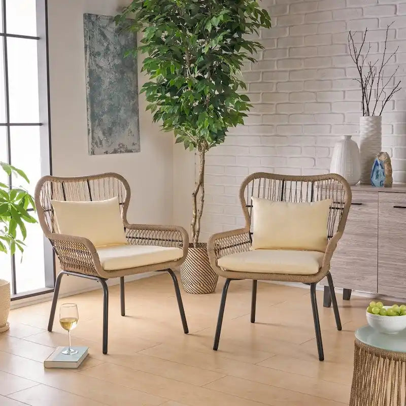 Fauteuil d'intérieur à structure en acier et tressage en corde (avec coussin)