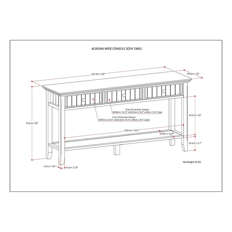 Table de console/d'entrée de style transitionnel en bois massif à larges planches, 60 pouces de largeur - 60 x 16 x 30