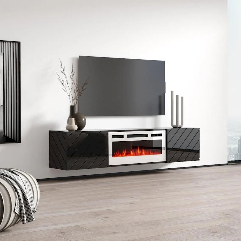 Meuble TV moderne 72 po avec foyer électrique mural