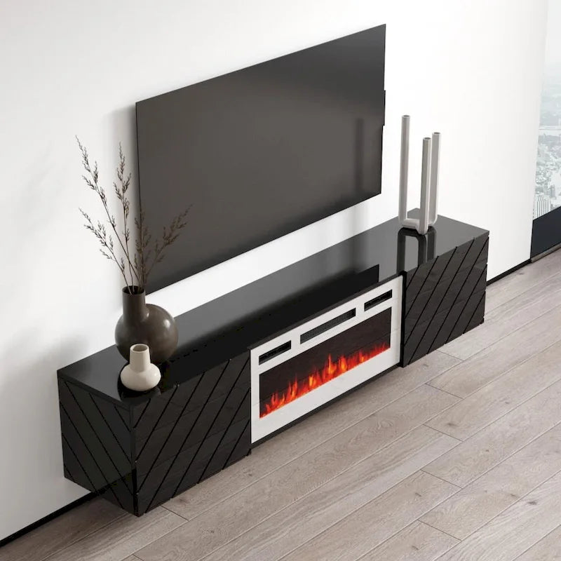 Meuble TV moderne 72 po avec foyer électrique mural