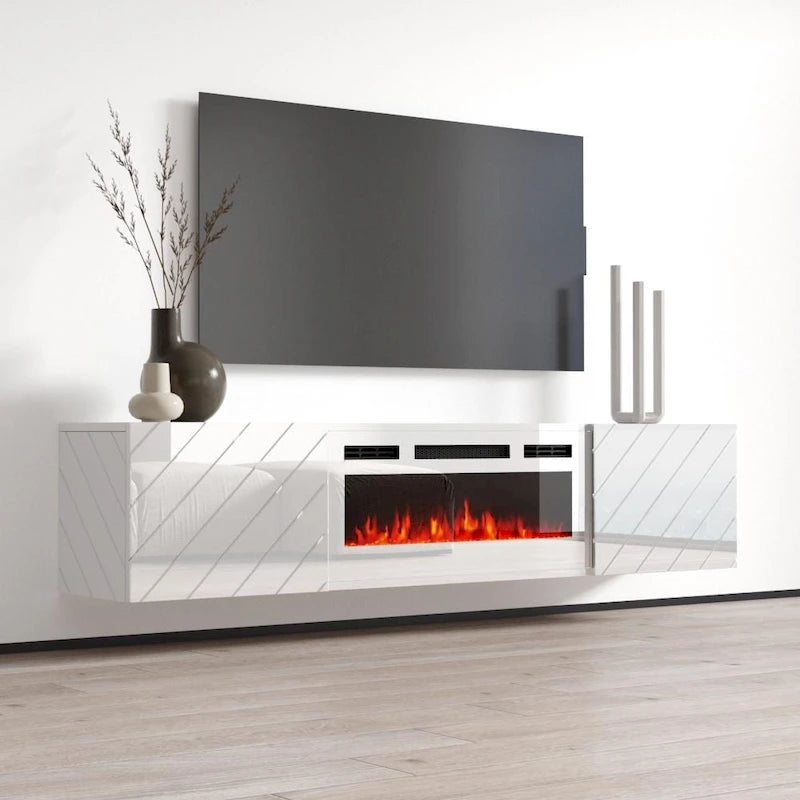 Meuble TV moderne 72 po avec foyer électrique mural