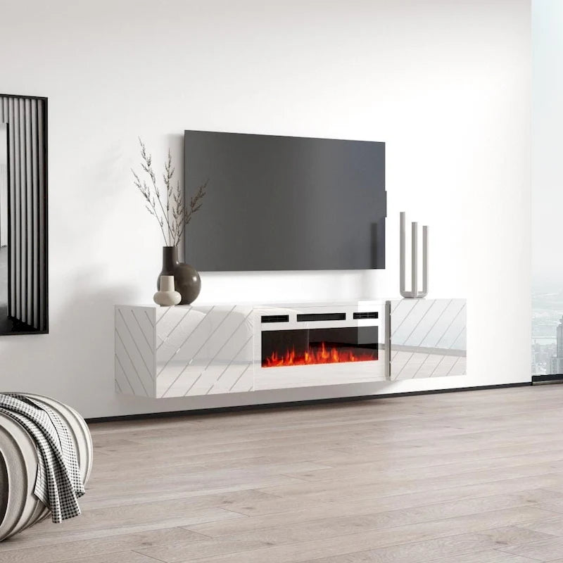 Meuble TV moderne 72 po avec foyer électrique mural