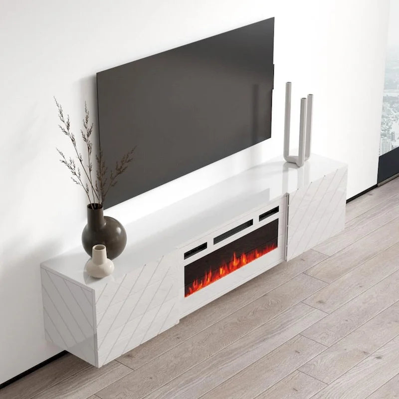 Meuble TV moderne 72 po avec foyer électrique mural
