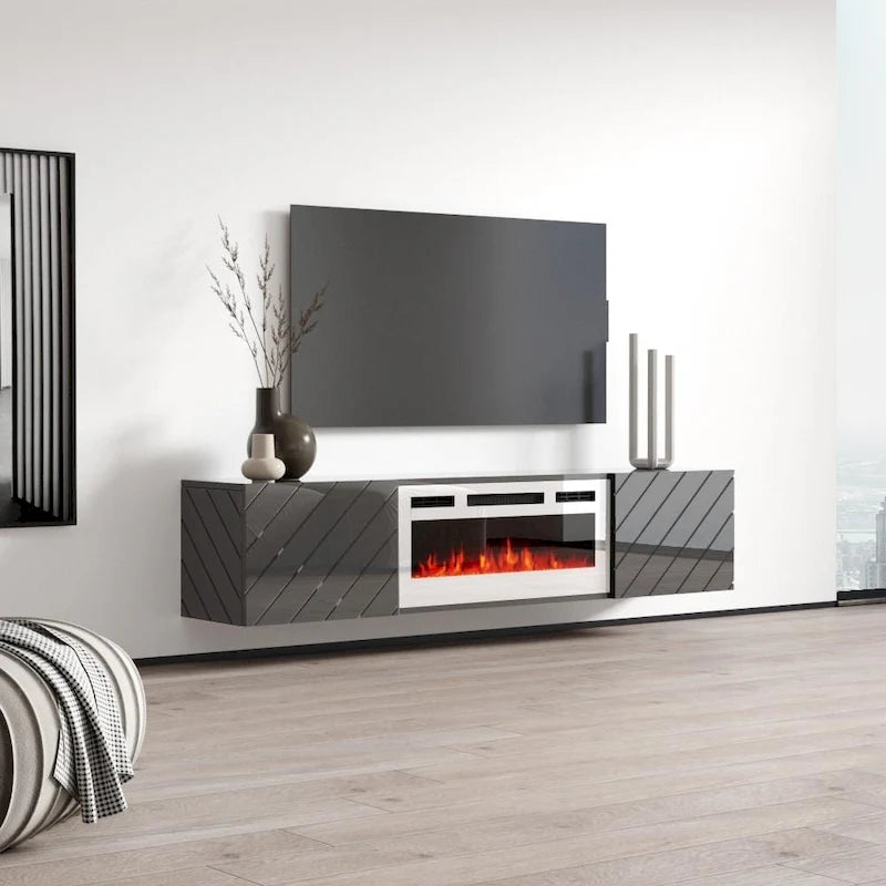 Meuble TV moderne 72 po avec foyer électrique mural