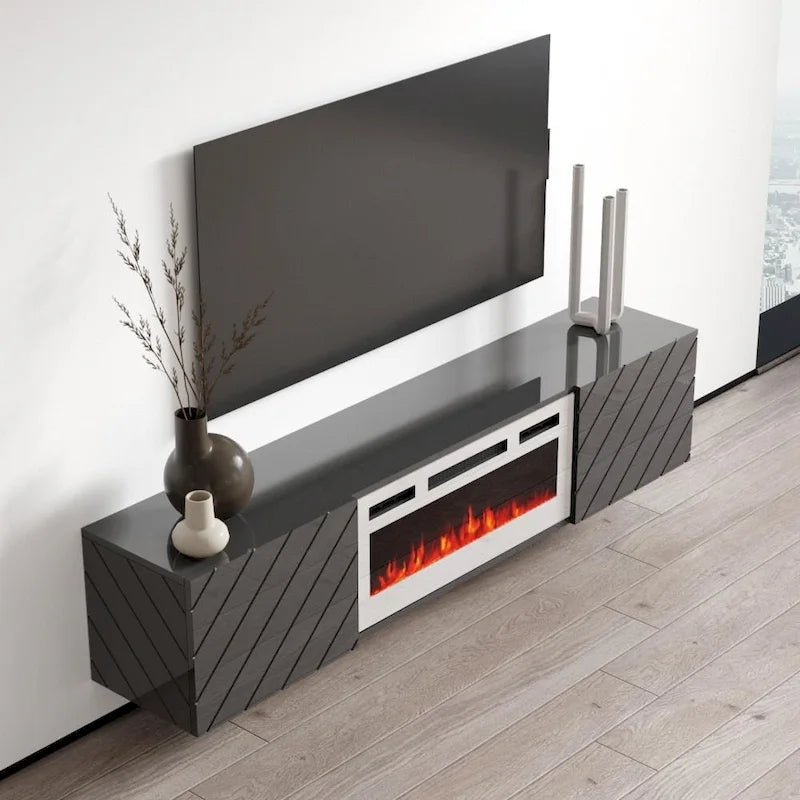 Meuble TV moderne 72 po avec foyer électrique mural