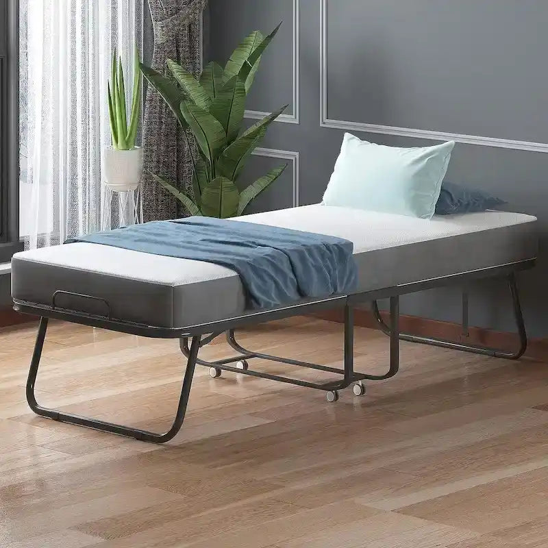 Lit pliant gain de place avec matelas, lit portable avec roulettes verrouillables