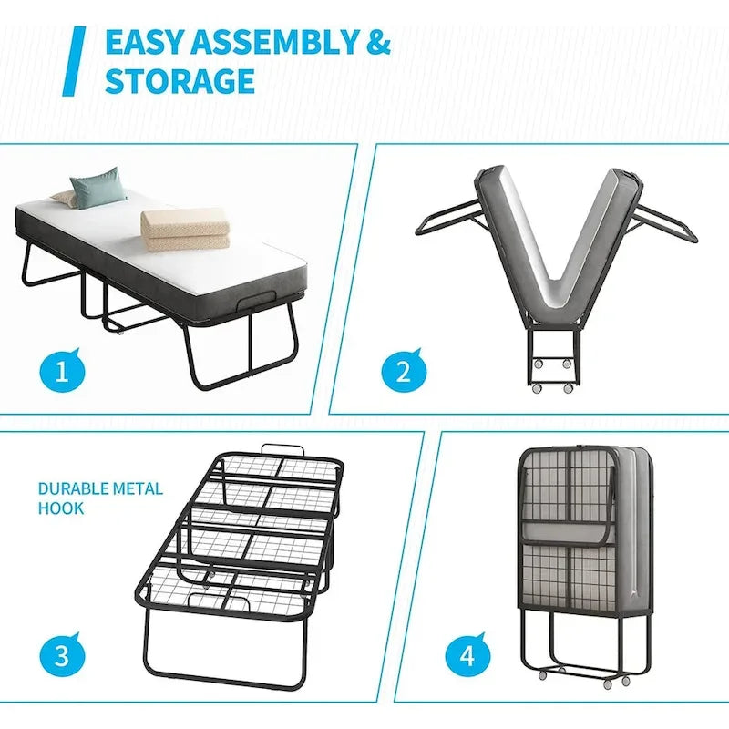 Lit pliant gain de place avec matelas, lit portable avec roulettes verrouillables