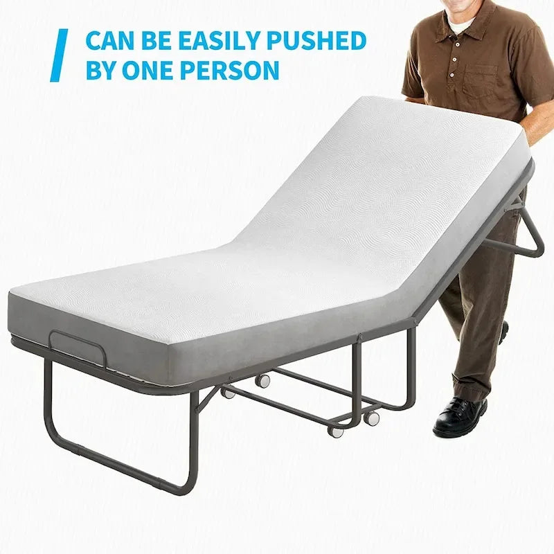 Lit pliant gain de place avec matelas, lit portable avec roulettes verrouillables