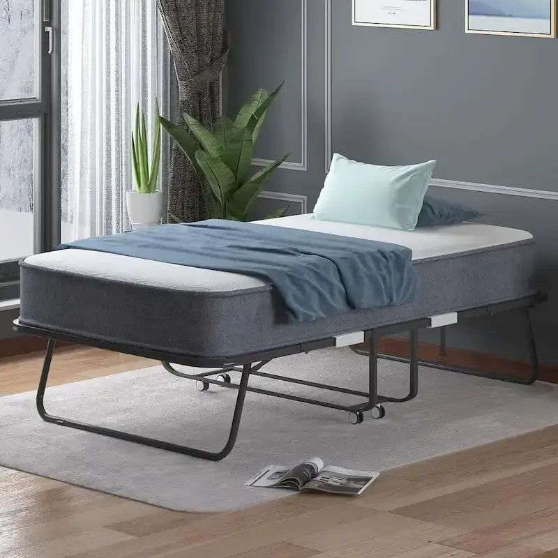 Lit pliant gain de place avec matelas, lit portable avec roulettes verrouillables