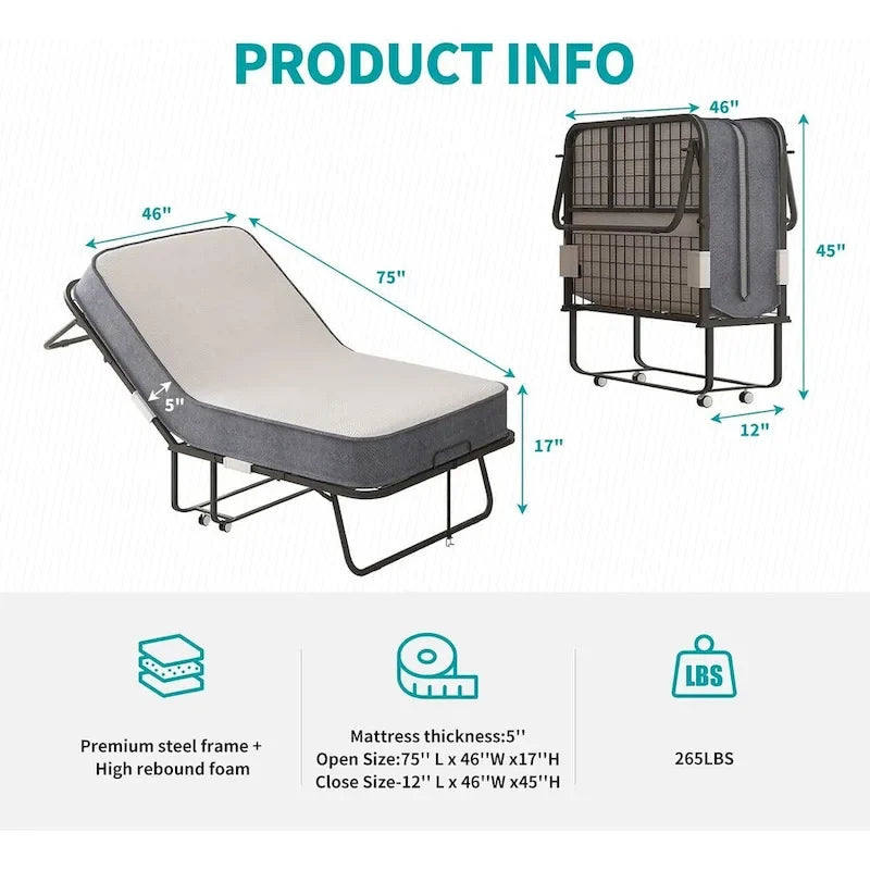 Lit pliant gain de place avec matelas, lit portable avec roulettes verrouillables