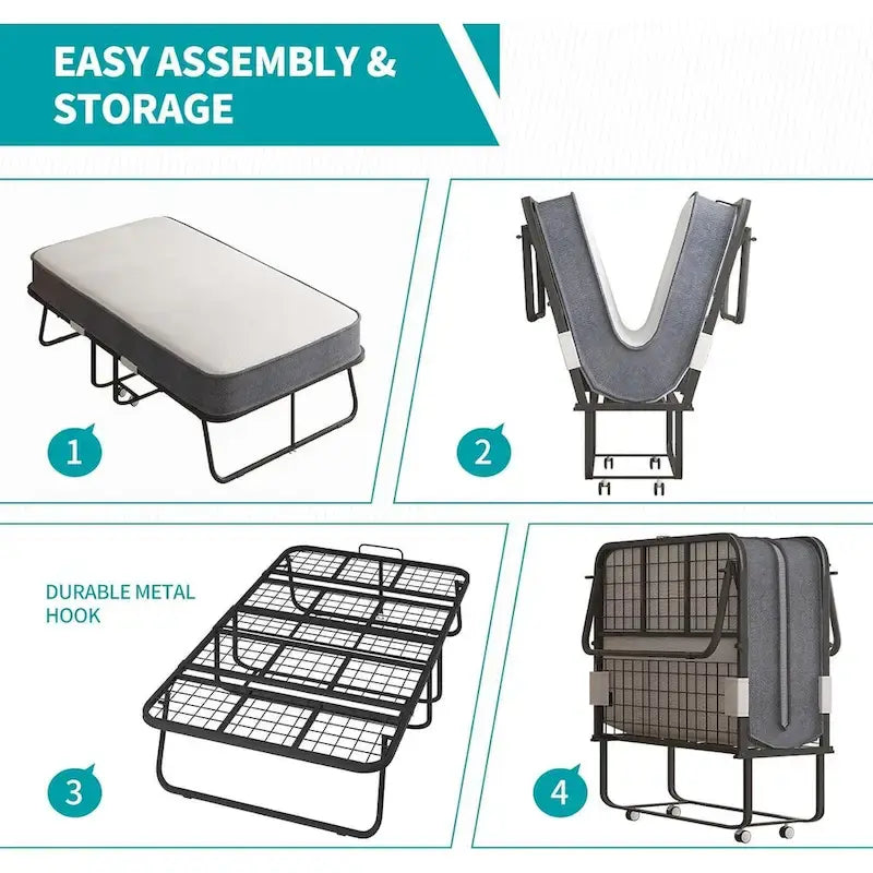 Lit pliant gain de place avec matelas, lit portable avec roulettes verrouillables