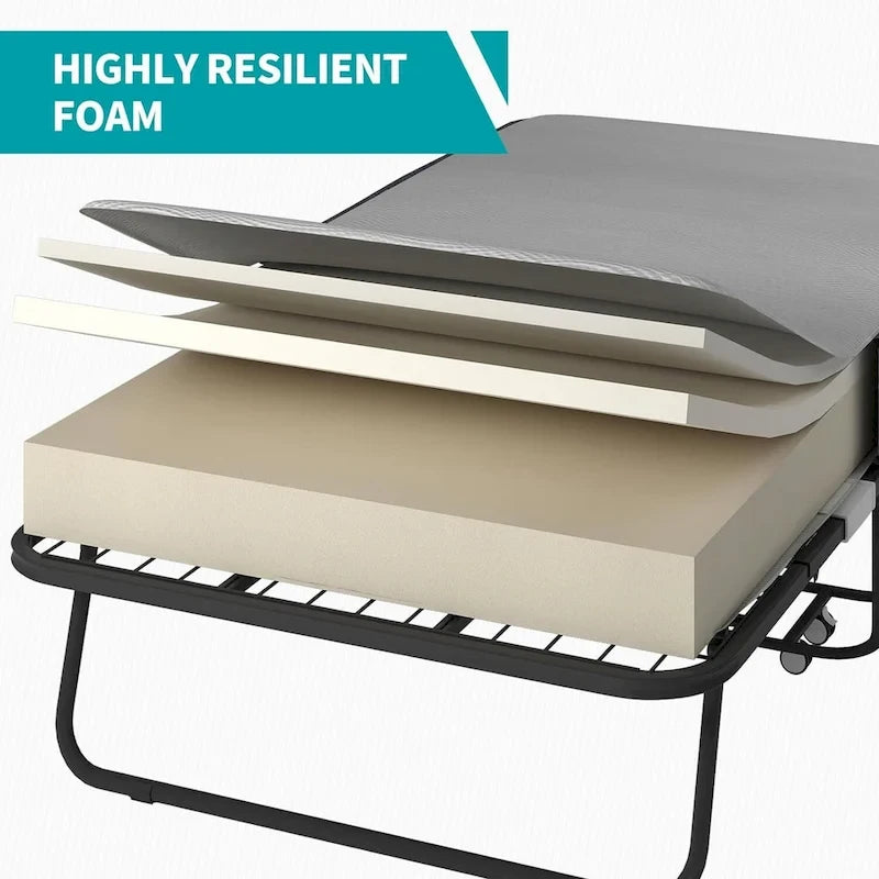 Lit pliant gain de place avec matelas, lit portable avec roulettes verrouillables