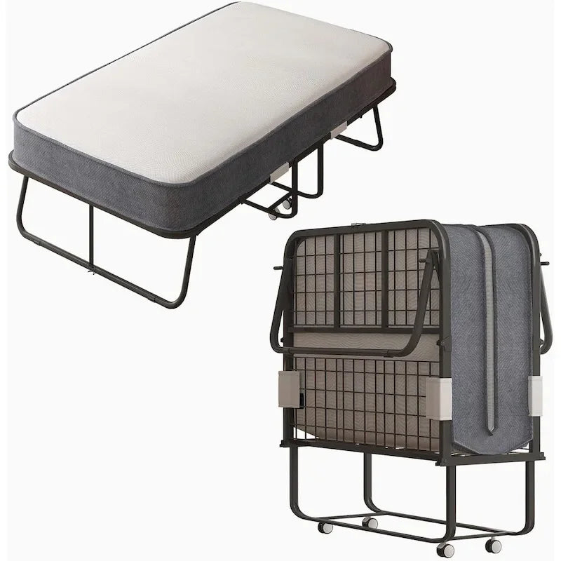 Lit pliant gain de place avec matelas, lit portable avec roulettes verrouillables