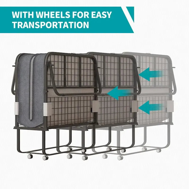 Lit pliant gain de place avec matelas, lit portable avec roulettes verrouillables