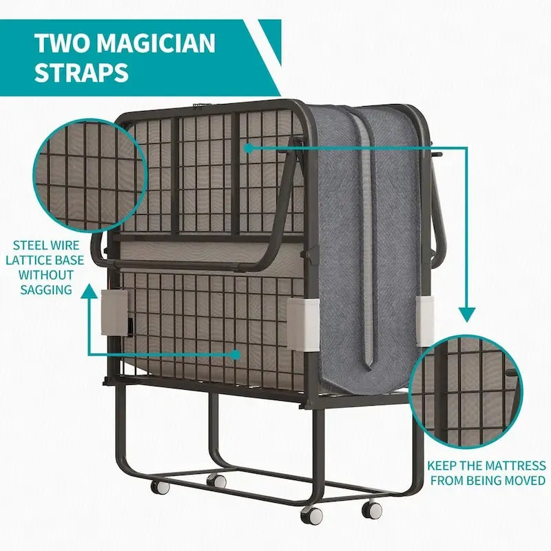 Lit pliant gain de place avec matelas, lit portable avec roulettes verrouillables