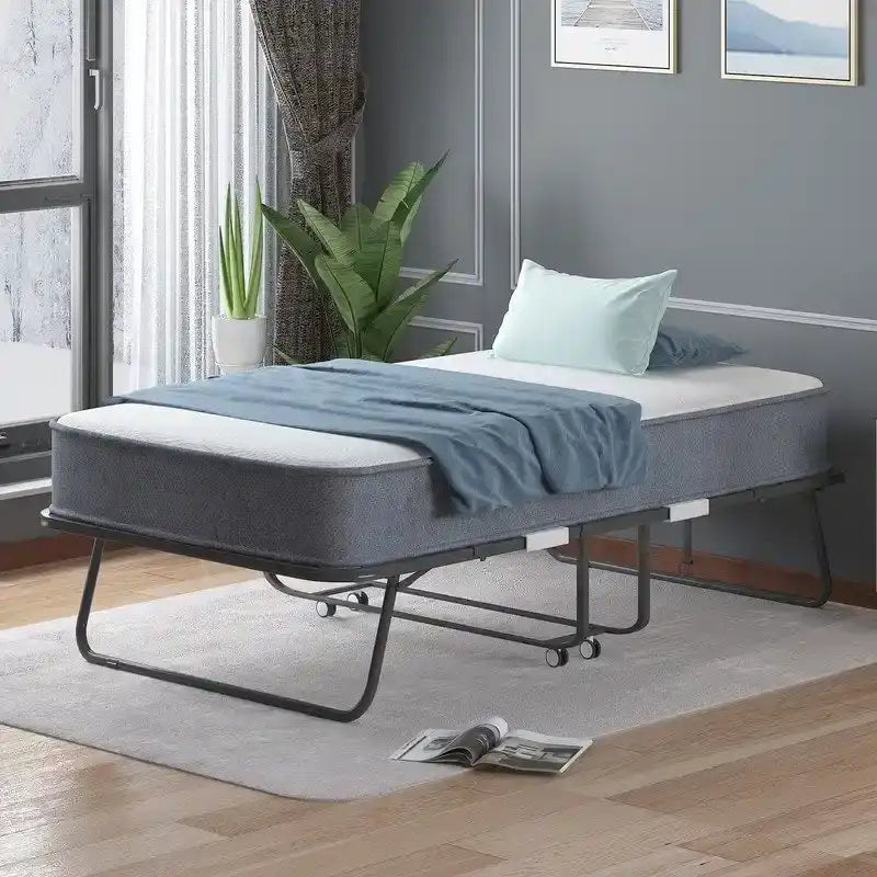 Lit pliant gain de place avec matelas, lit portable avec roulettes verrouillables
