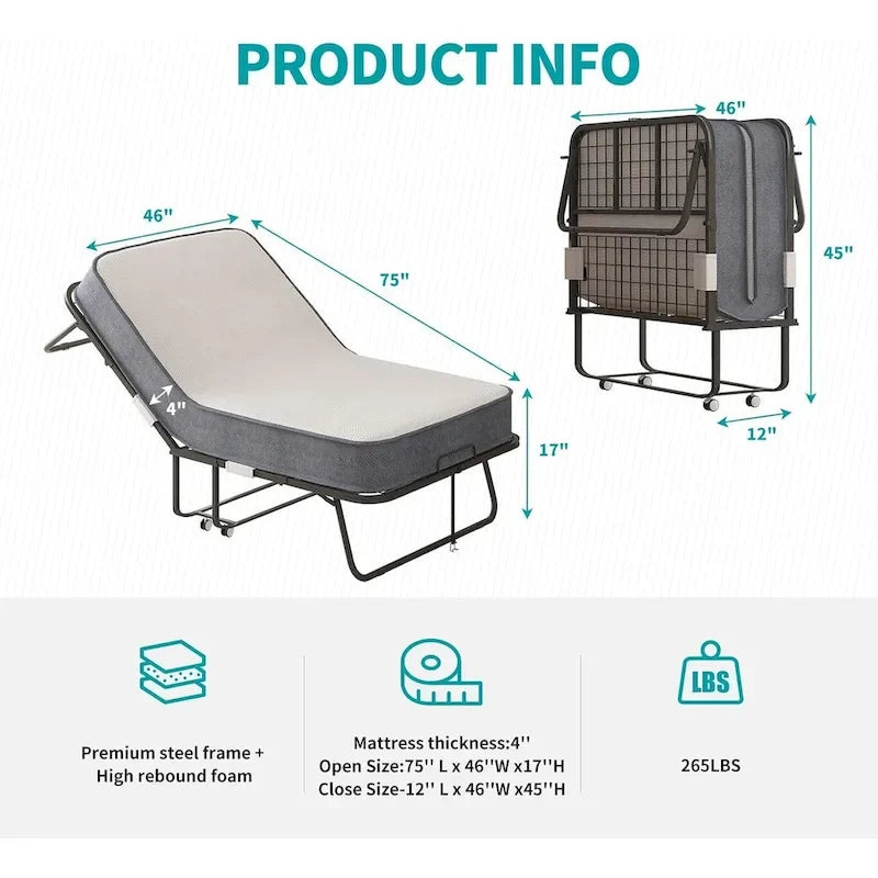 Lit pliant gain de place avec matelas, lit portable avec roulettes verrouillables
