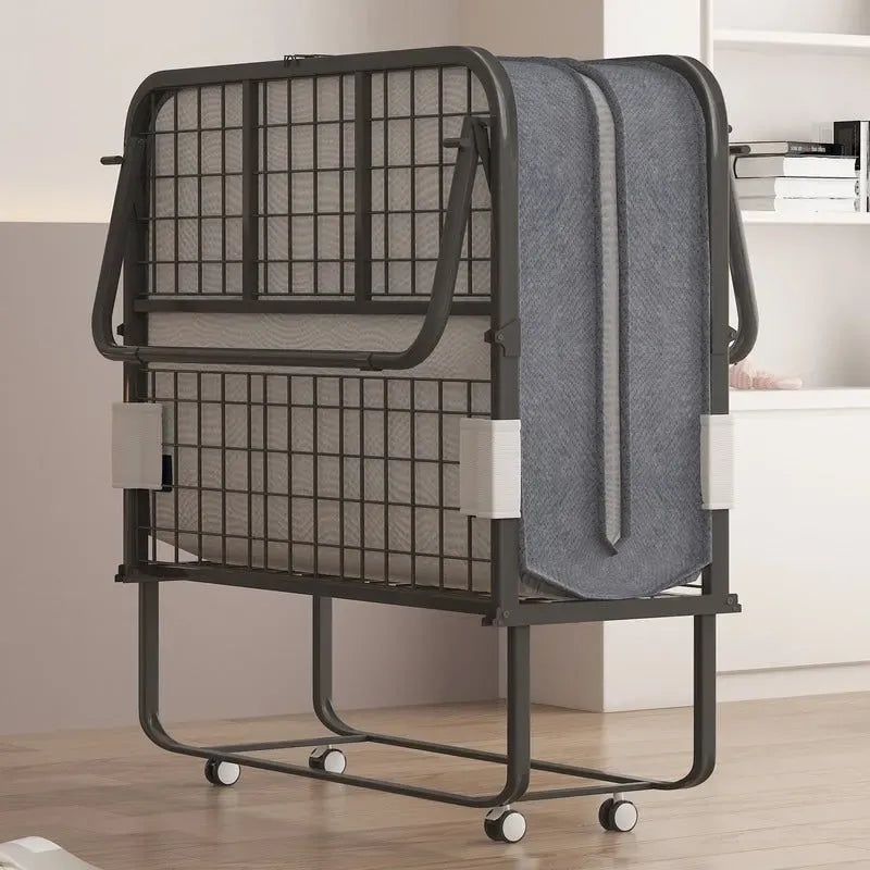 Lit pliant gain de place avec matelas, lit portable avec roulettes verrouillables