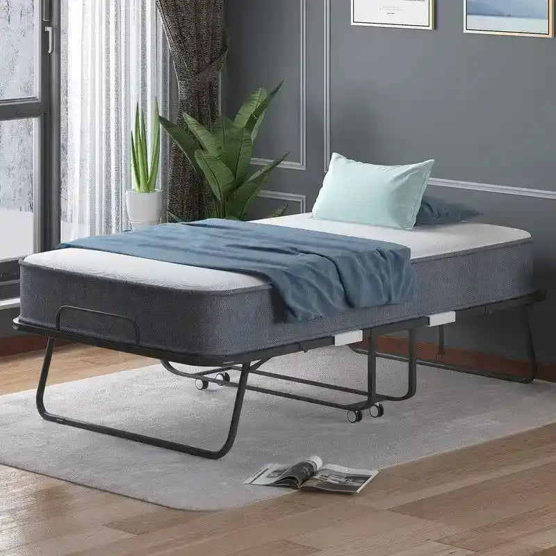 Lit pliant gain de place avec matelas, lit portable avec roulettes verrouillables
