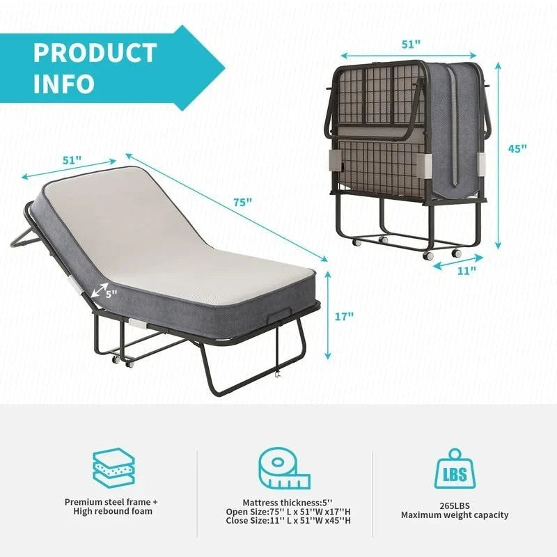 Lit pliant gain de place avec matelas, lit portable avec roulettes verrouillables