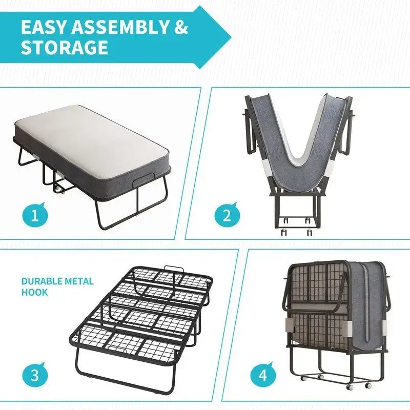 Lit pliant gain de place avec matelas, lit portable avec roulettes verrouillables