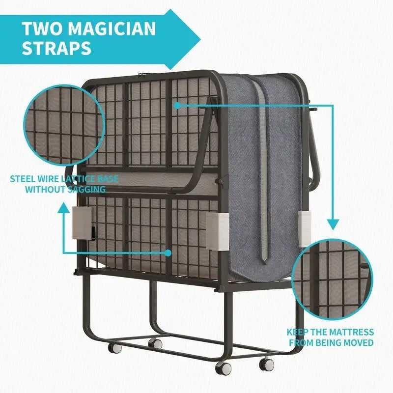 Lit pliant gain de place avec matelas, lit portable avec roulettes verrouillables
