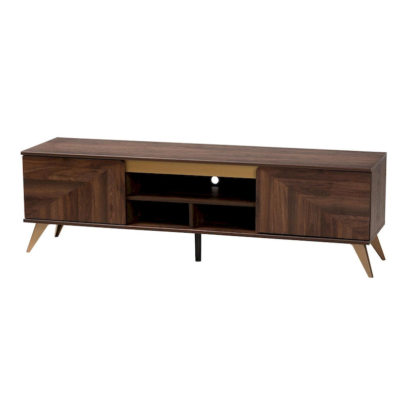 Meuble TV 2 portes en bois au fini brun noyer, style transitionnel moderne du milieu du siècle