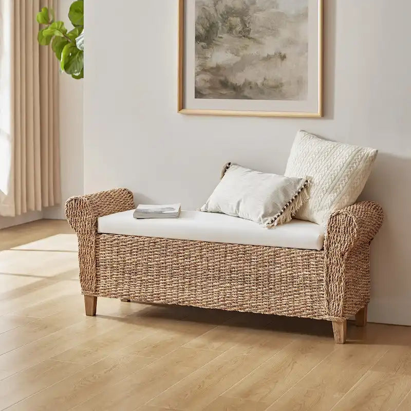 Banc de rangement tissé style ferme bohème (motif sculpté découpé)