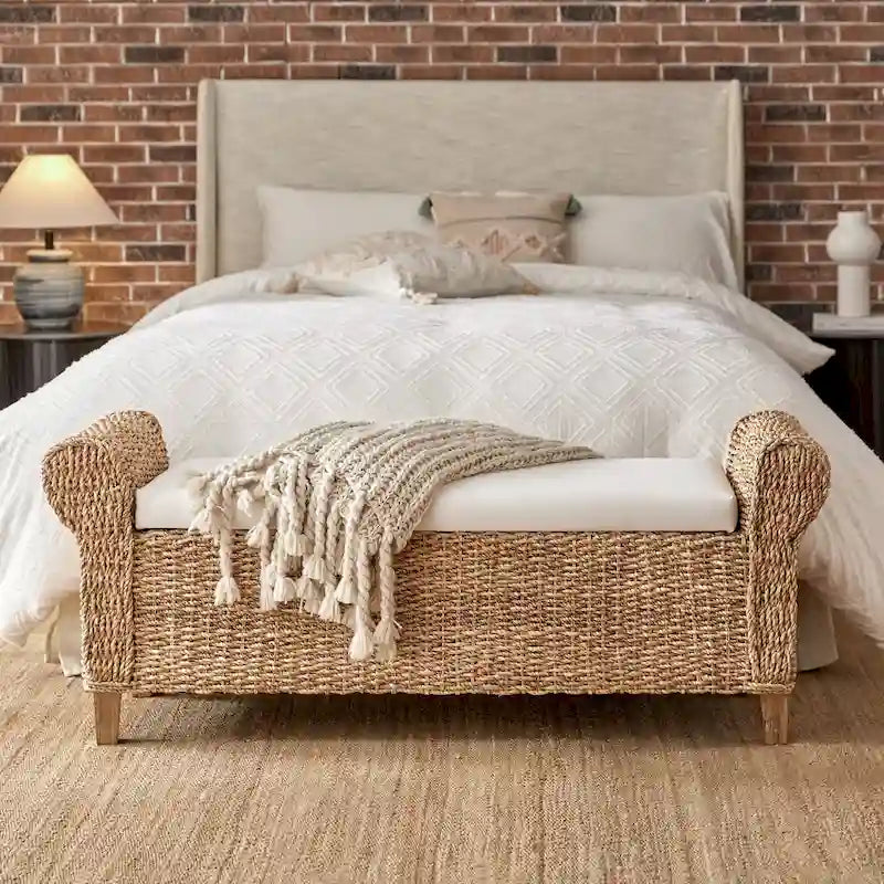 Banc de rangement tissé style ferme bohème (motif sculpté découpé)
