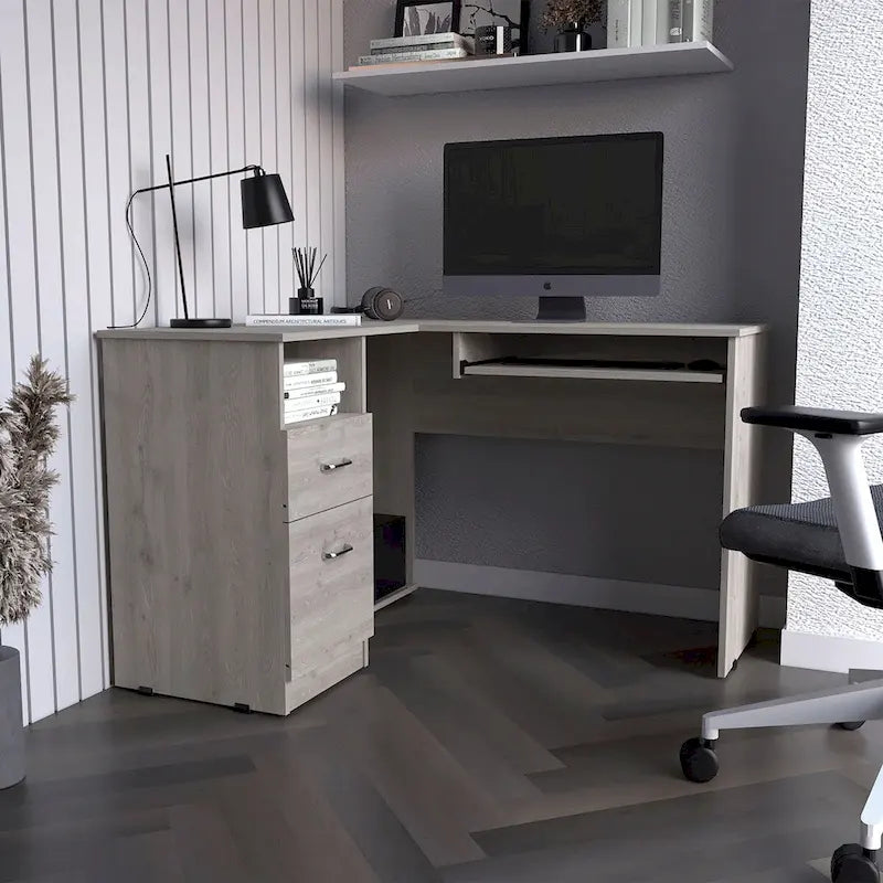 Bureau en L avec tablette pour clavier, finition chêne fumé, de haute qualité et durable.