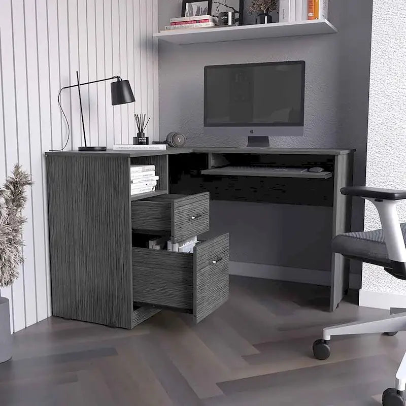 Bureau en L avec tablette pour clavier, finition chêne fumé, de haute qualité et durable.