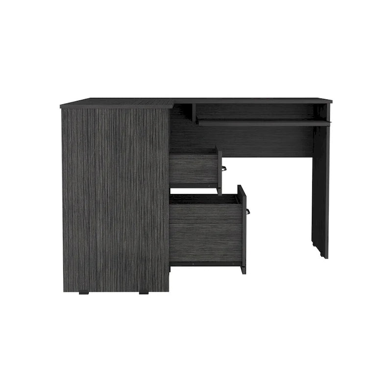 Bureau en L avec tablette pour clavier, finition chêne fumé, de haute qualité et durable.