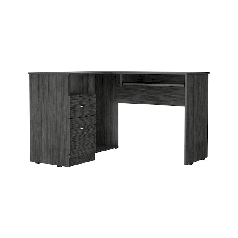 Bureau en L avec tablette pour clavier, finition chêne fumé, de haute qualité et durable.